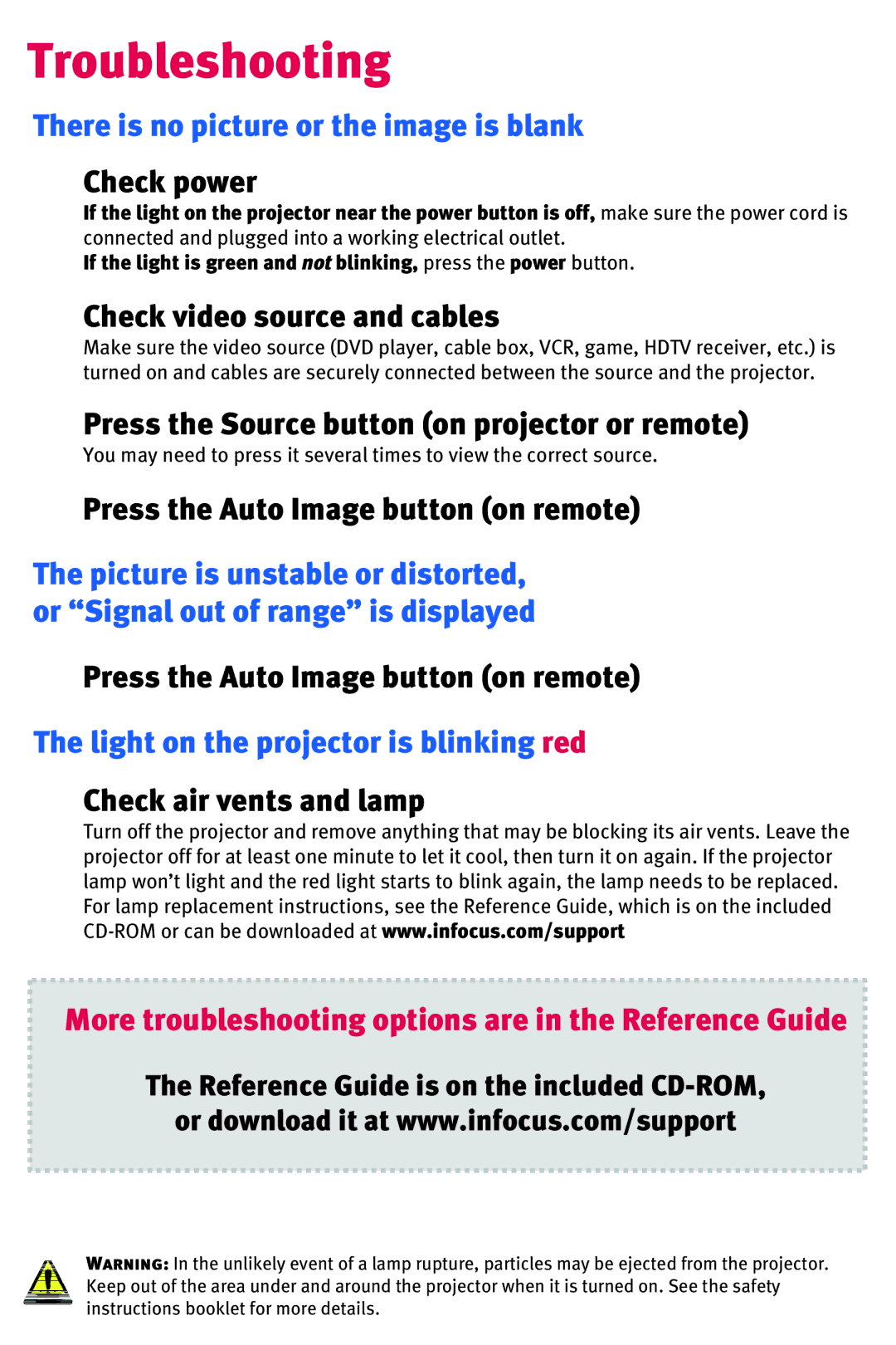 InFocus IN70 SERIES manual Troubleshooting, Reference Guide is on the included CD-ROM 