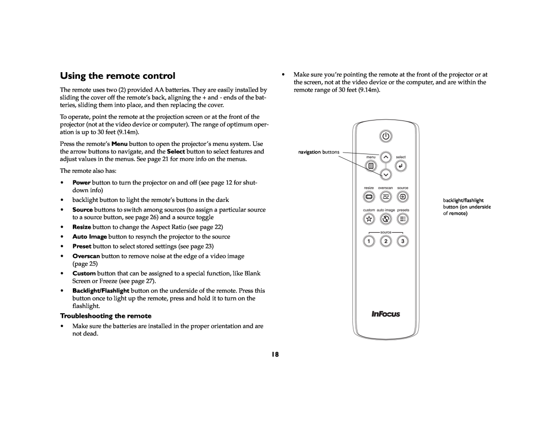 InFocus IN70 SERIES manual Using the remote control, Troubleshooting the remote 