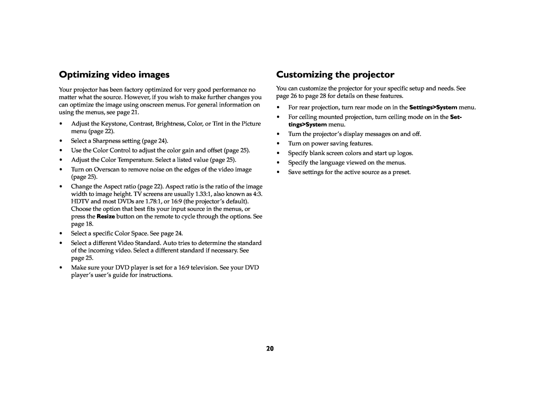 InFocus IN70 SERIES manual Optimizing video images, Customizing the projector 