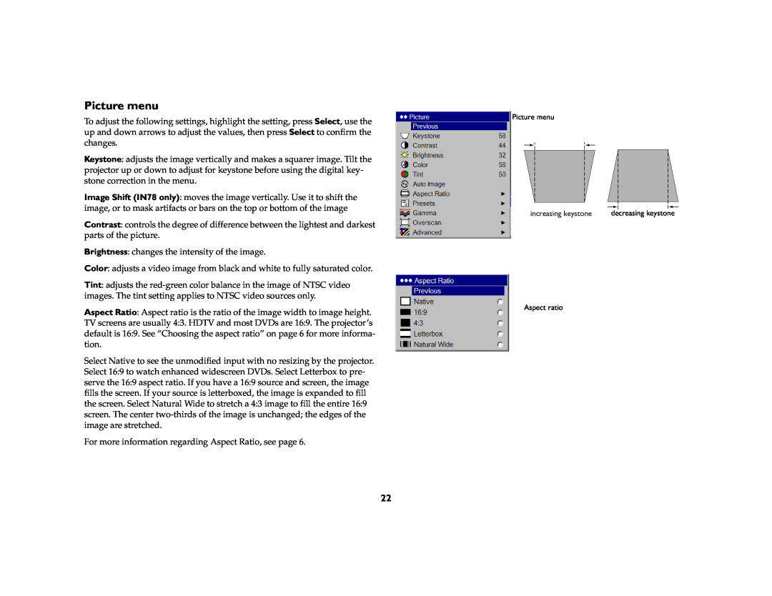 InFocus IN70 SERIES manual Picture menu 
