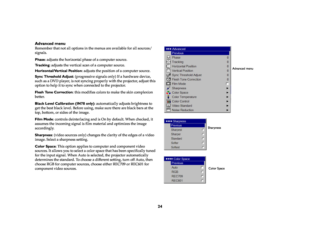 InFocus IN70 SERIES manual Advanced menu 