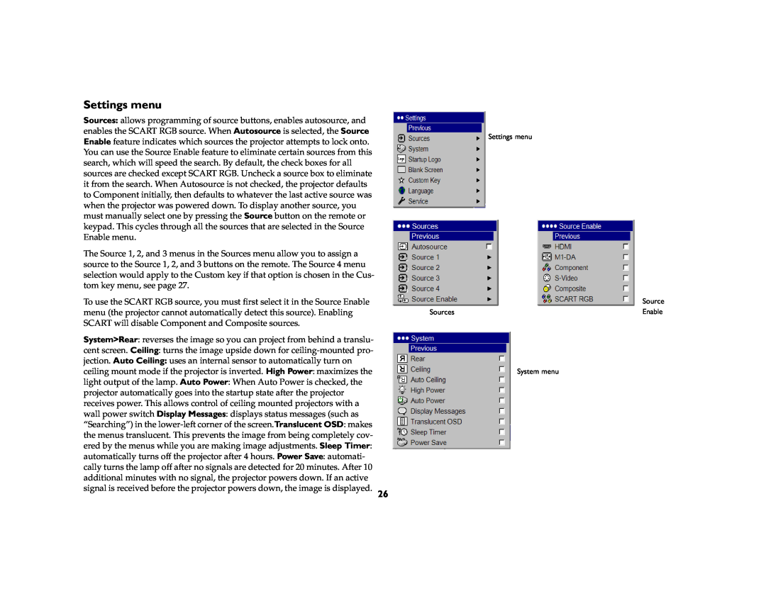 InFocus IN70 SERIES manual Settings menu, Sources, System menu 