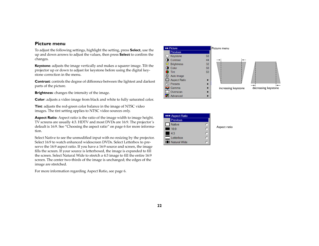 InFocus IN74, IN76 manual Picture menu 