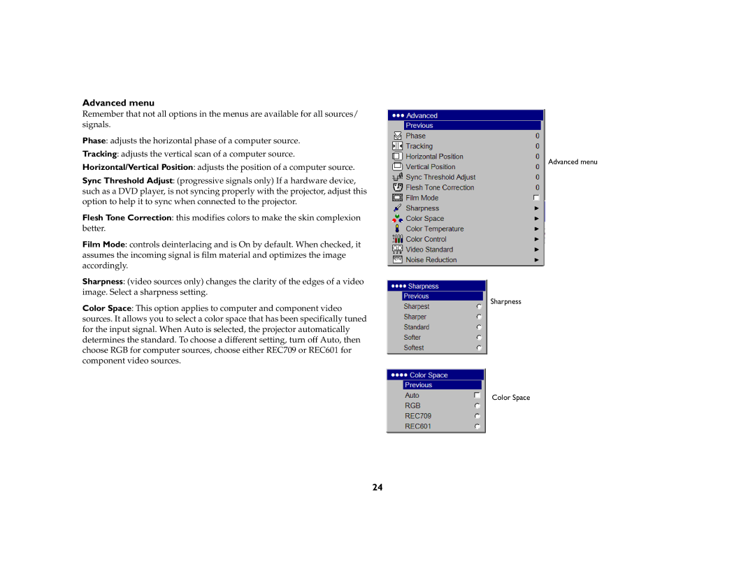 InFocus IN74, IN76 manual Advanced menu 