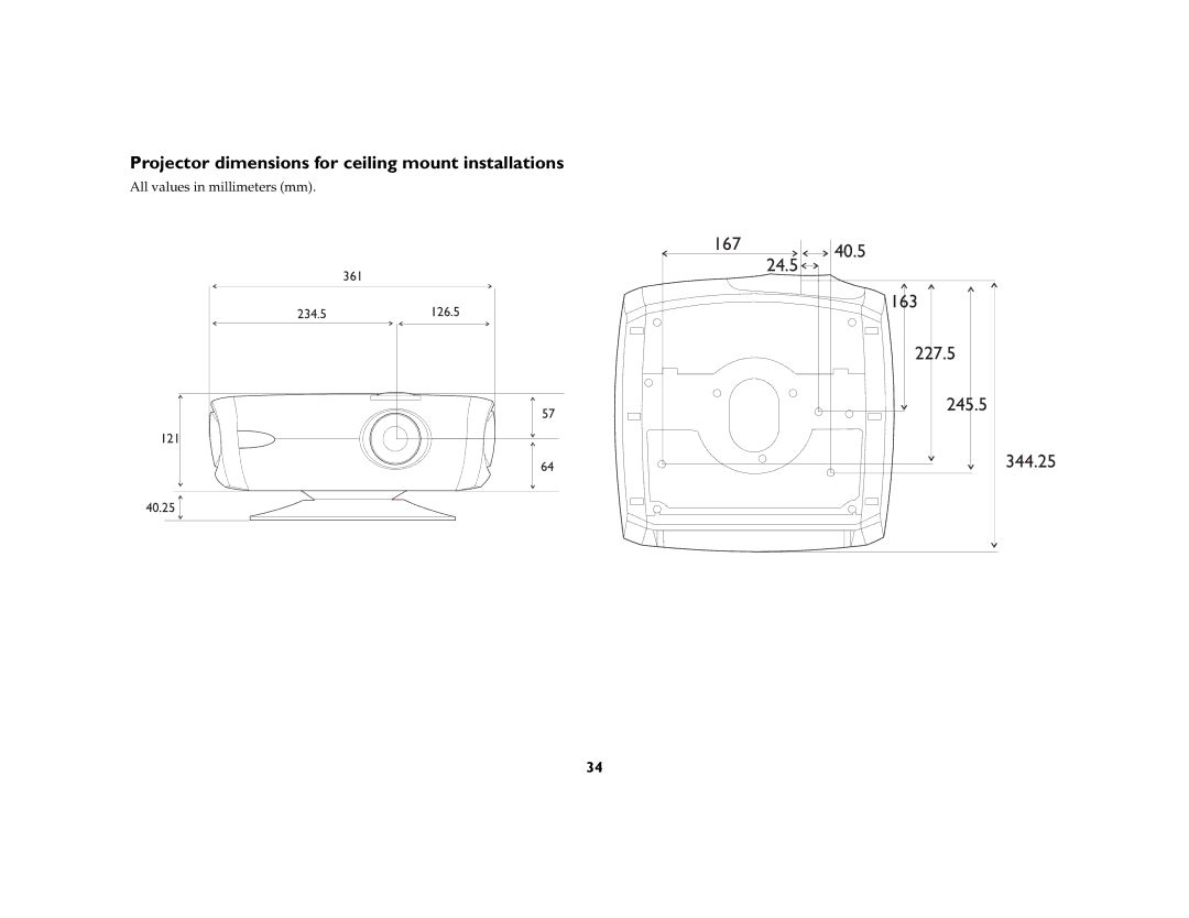 InFocus IN74, IN76 manual Projector dimensions for ceiling mount installations 