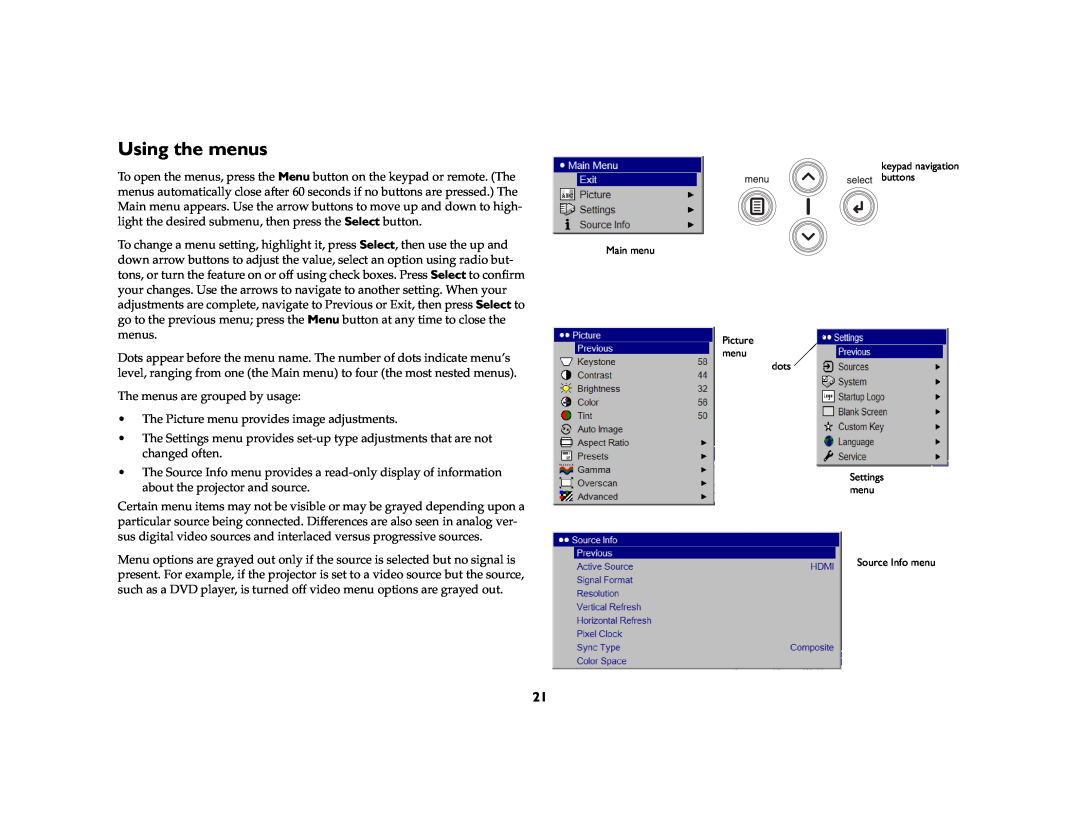 InFocus IN76, IN74 manual Using the menus 
