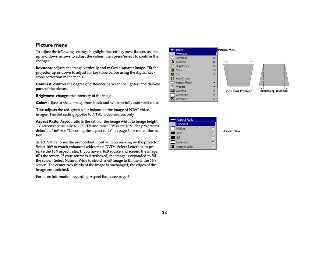 InFocus IN74, IN76 manual Picture menu 