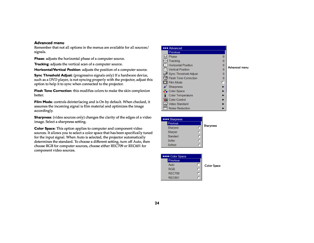 InFocus IN74, IN76 manual Advanced menu 