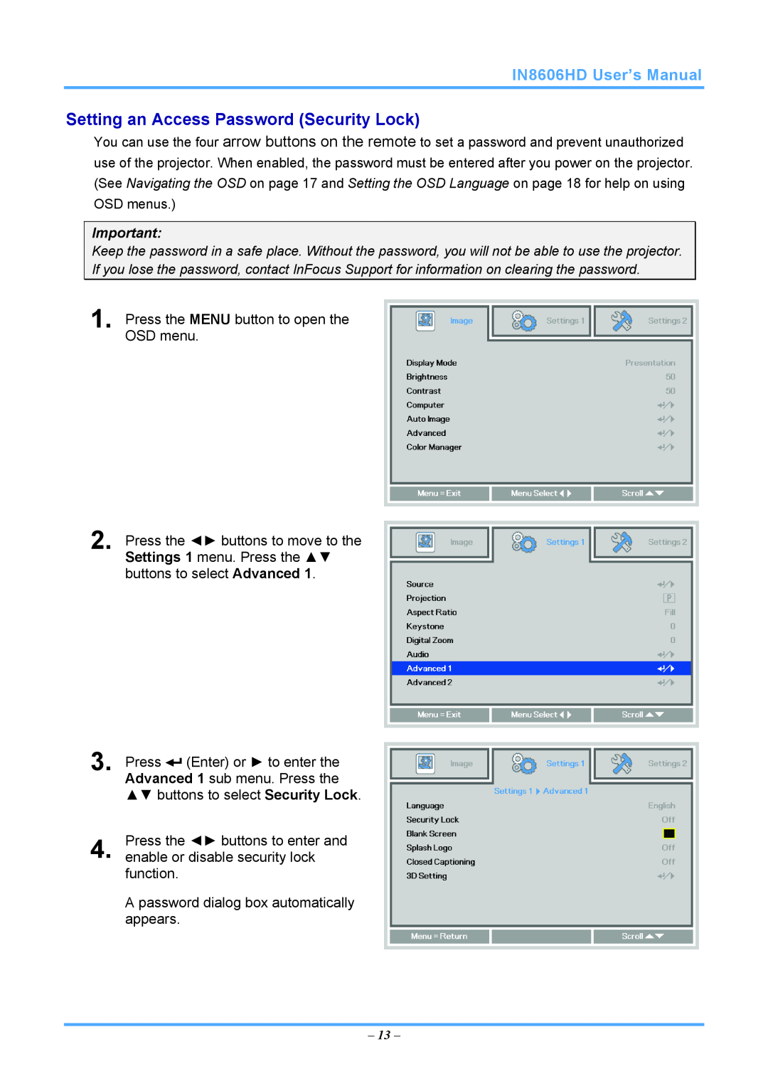 InFocus IN8606HD manual Setting an Access Password Security Lock 