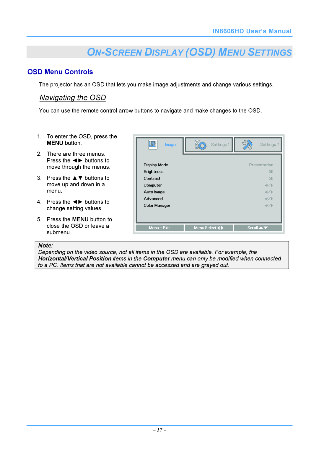 InFocus IN8606HD manual On-Screen Display Osd Menu Settings, Navigating the OSD, OSD Menu Controls 