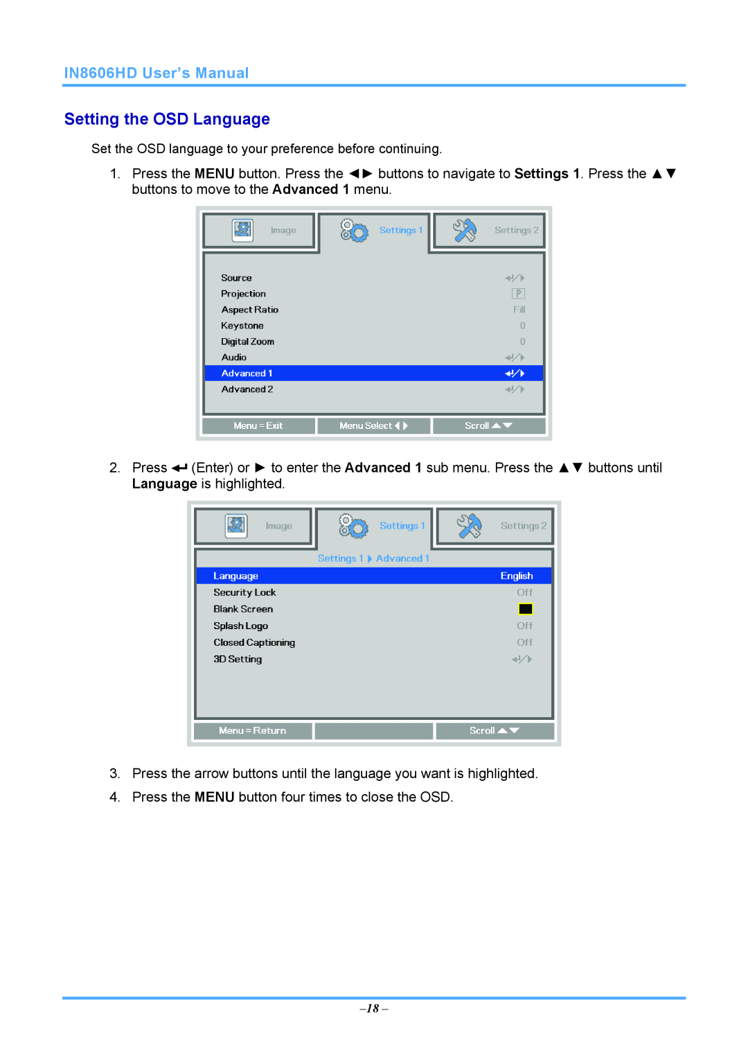 InFocus IN8606HD manual Setting the OSD Language 