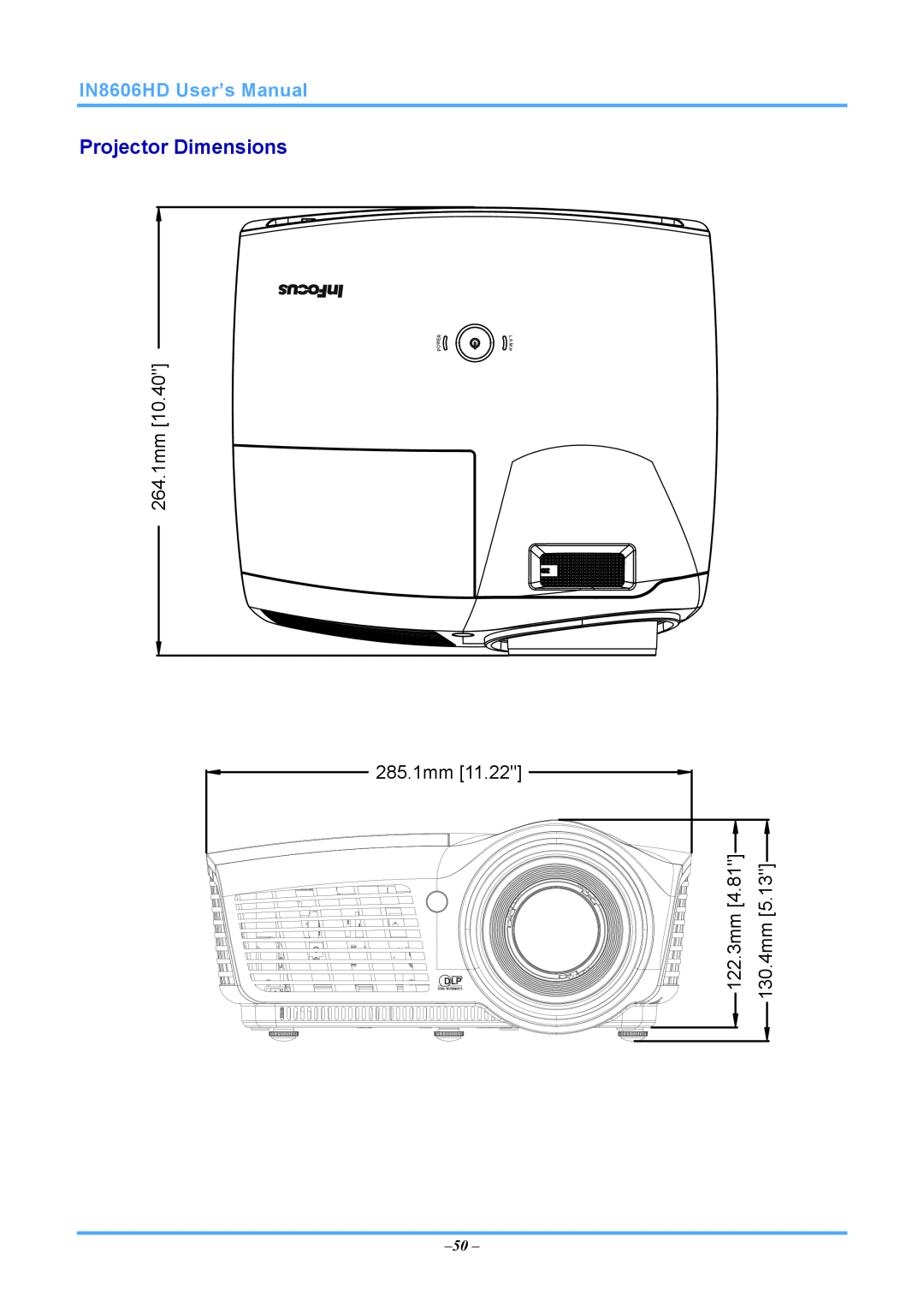 InFocus IN8606HD manual Projector Dimensions, 264.1mm, 285.1mm, 122.3mm, 130.4mm 