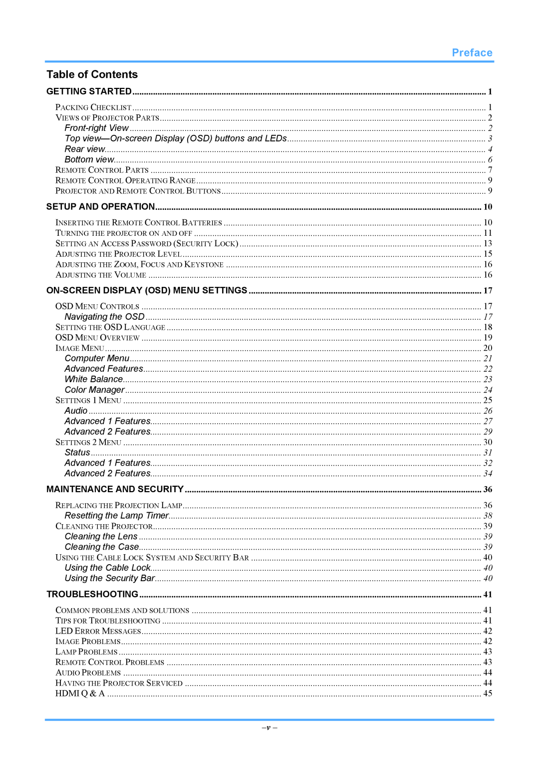 InFocus IN8606HD manual Table of Contents, Preface 