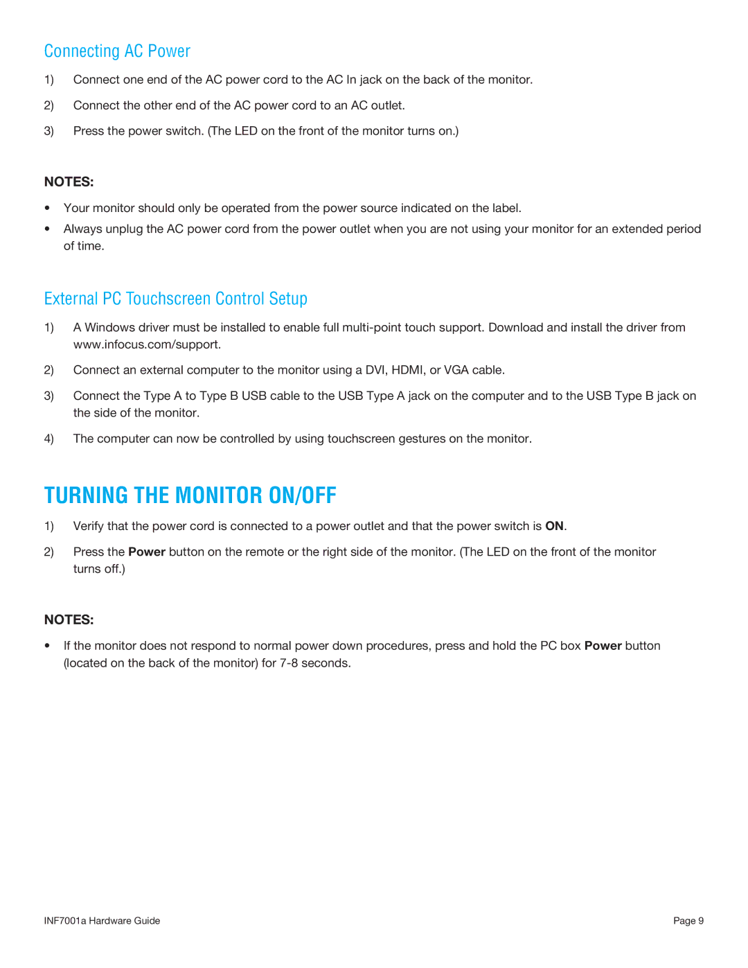 InFocus INF7001A manual Turning the Monitor ON/OFF, Connecting AC Power, External PC Touchscreen Control Setup 