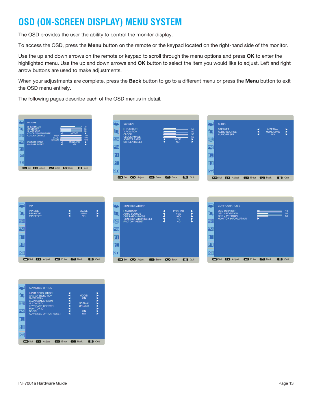 InFocus INF7001A manual OSD ON-SCREEN Display Menu System 