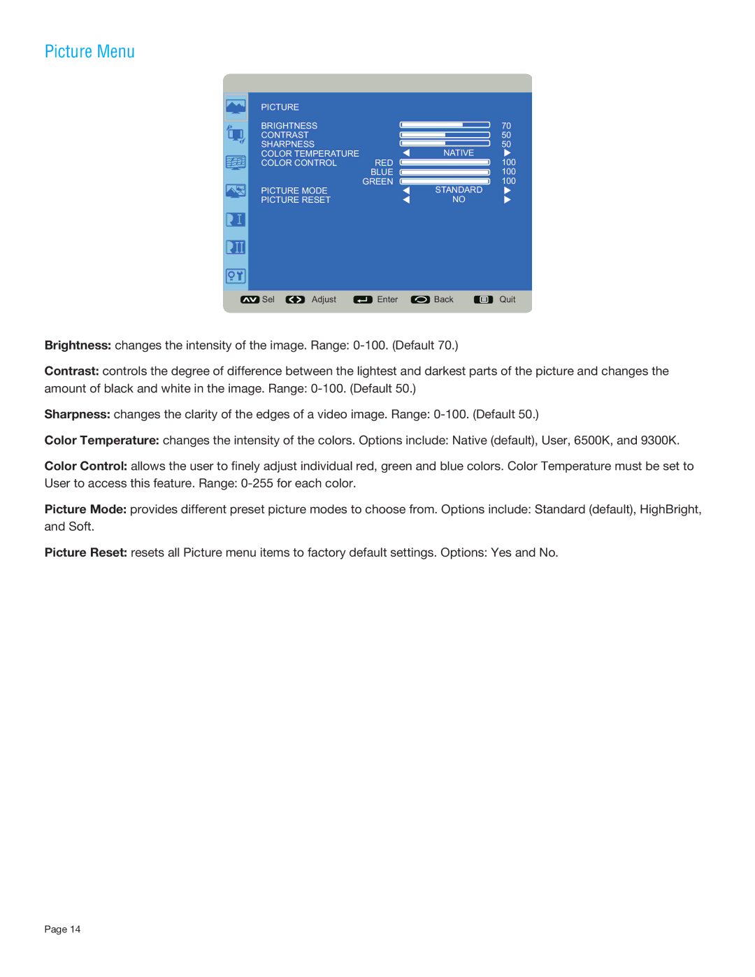 InFocus INF7001A manual Picture Menu 