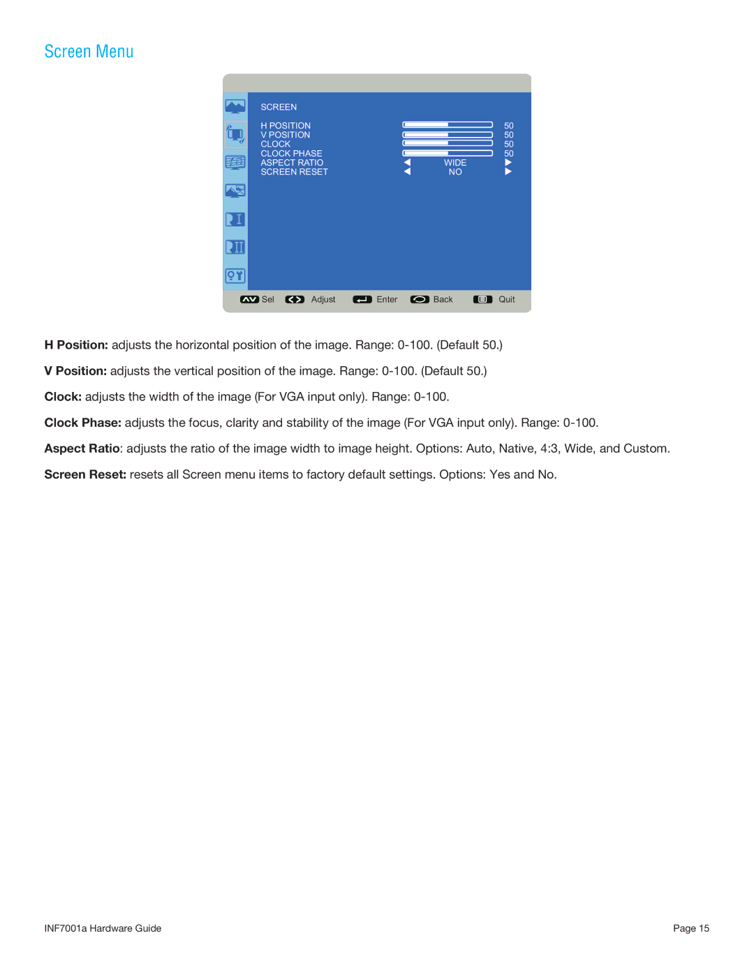 InFocus INF7001A manual Screen Menu 