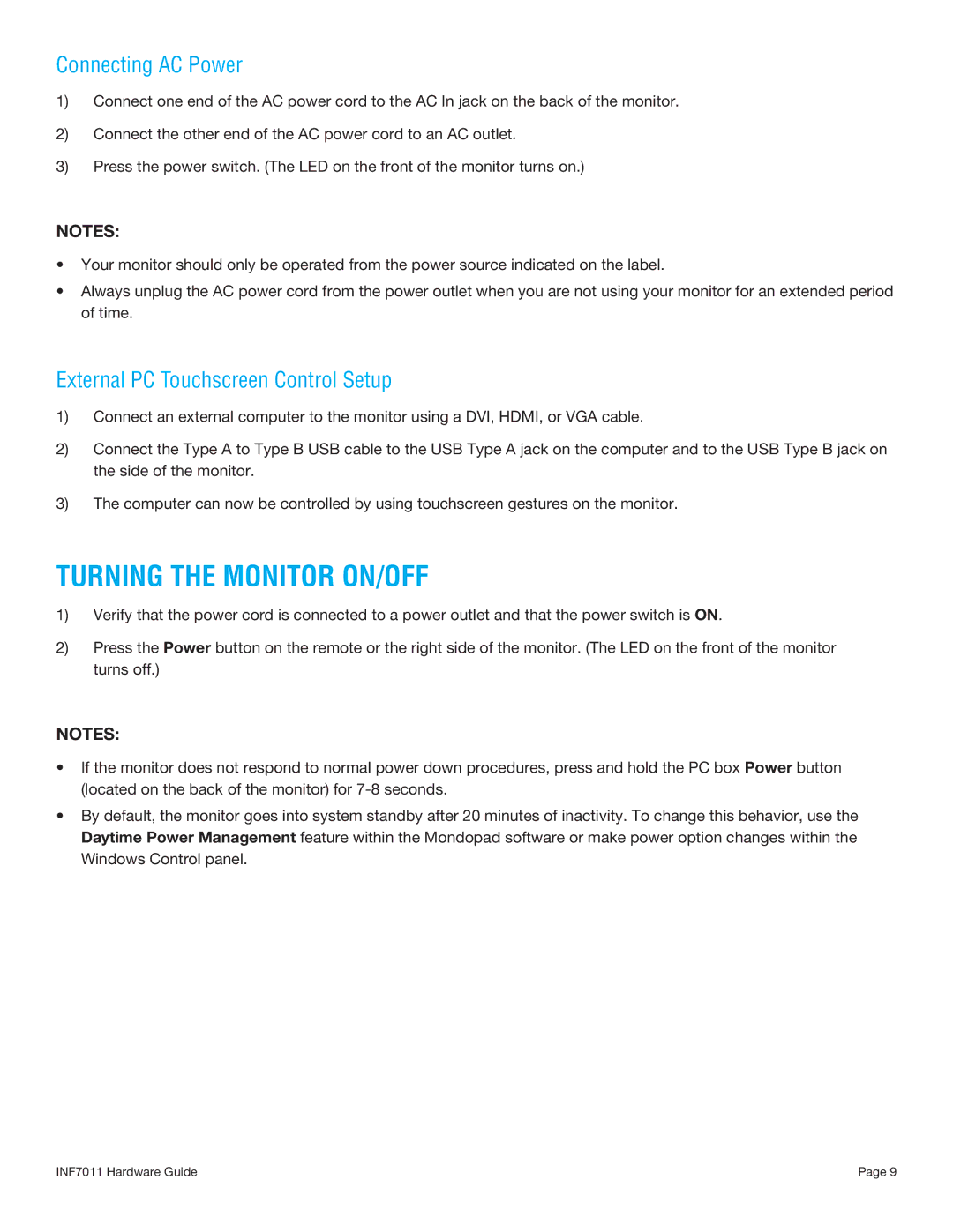 InFocus INF7011 manual Turning the Monitor ON/OFF, Connecting AC Power, External PC Touchscreen Control Setup 