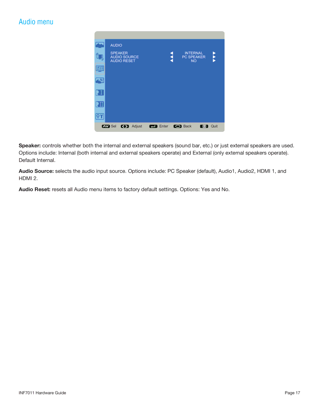 InFocus INF7011 manual Audio menu 