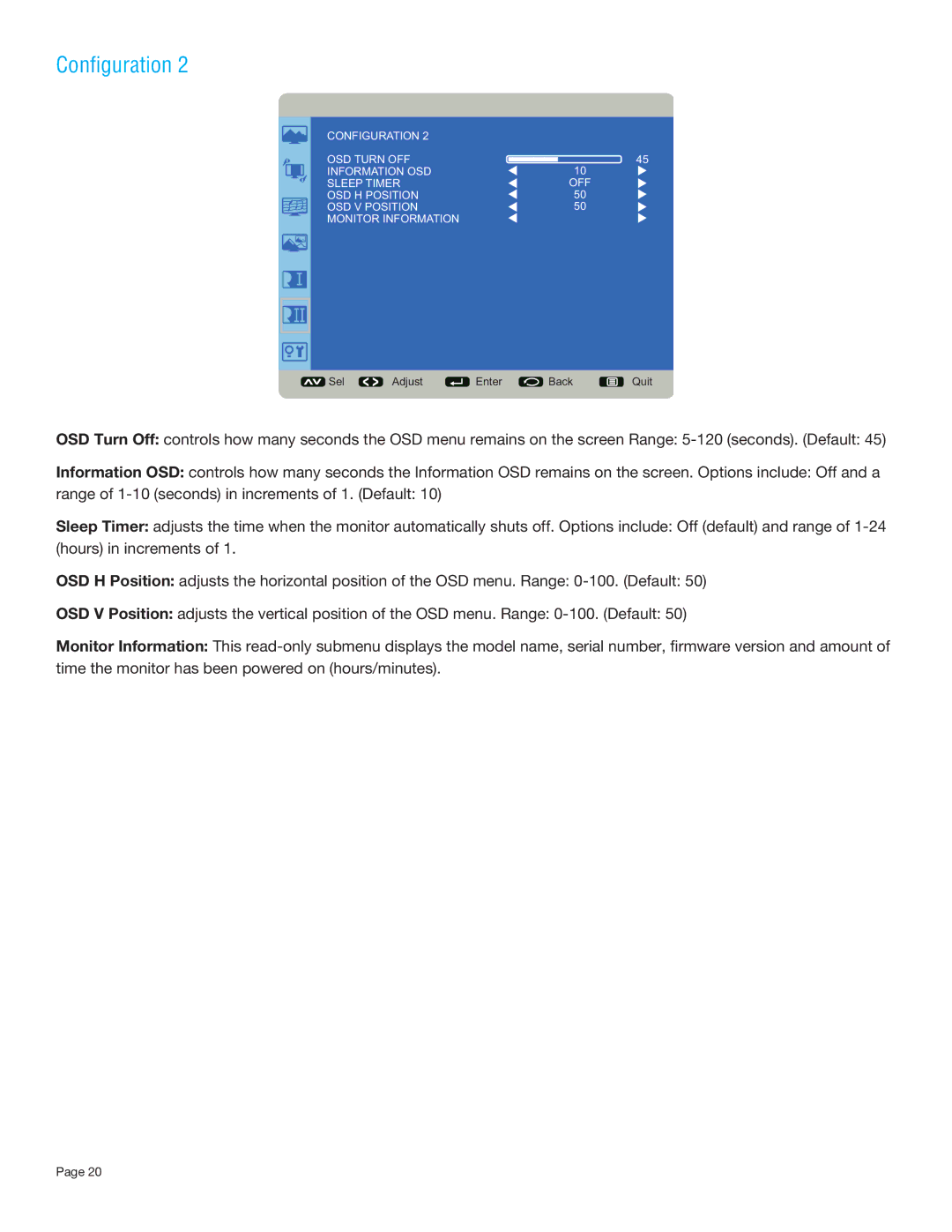 InFocus INF7011 manual Configuration OSD Turn OFF Information OSD Sleep Timer 