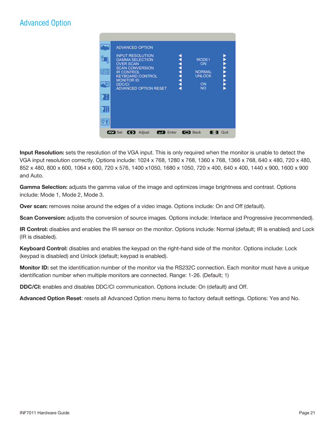 InFocus INF7011 manual Advanced Option 