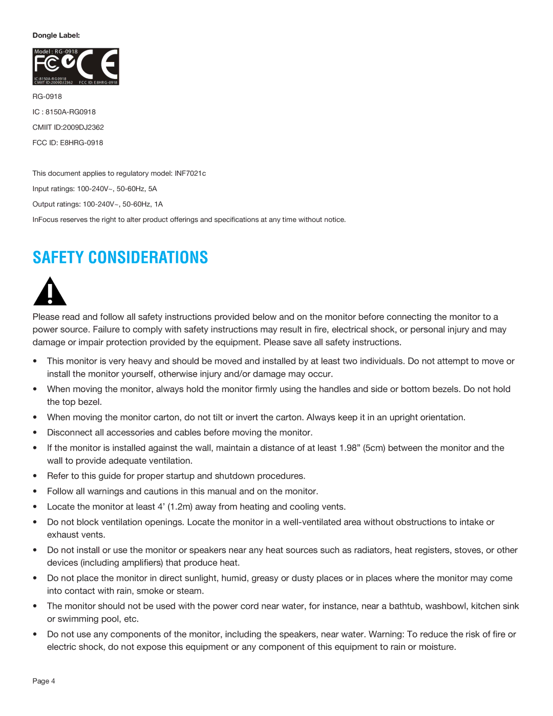 InFocus INF7011 manual Safety Considerations, Dongle Label 