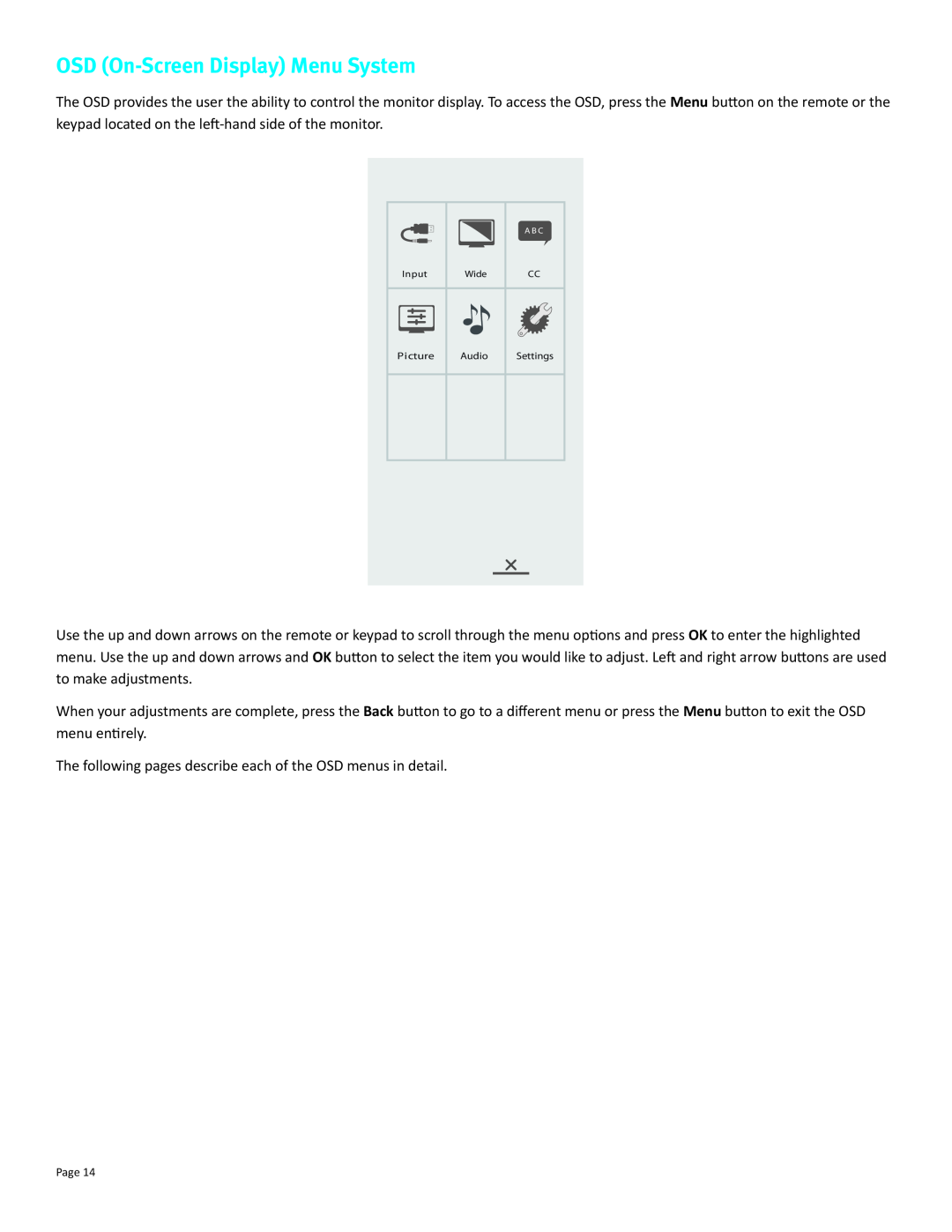 InFocus INF7011 manual OSD On-Screen Display Menu System 