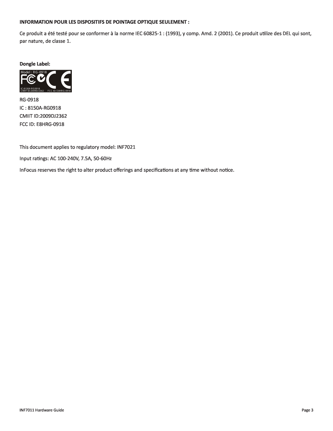 InFocus INF7011 manual Information Pour Les Dispositifs De Pointage Optique Seulement, Dongle Label 