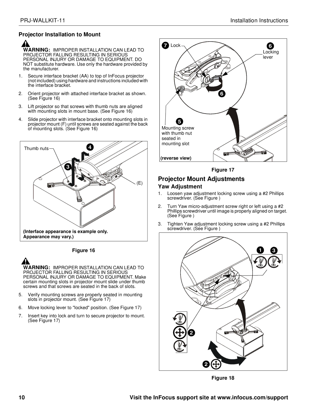 InFocus infocus single stud short throw wall mount manual Projector Installation to Mount, Yaw Adjustment 