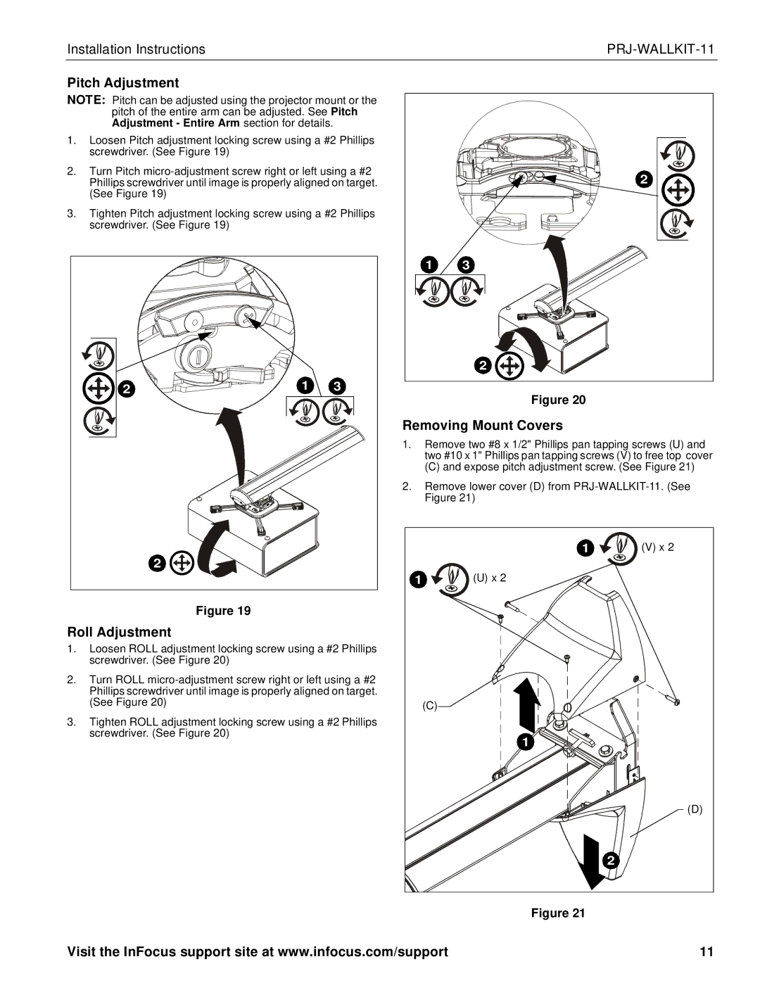 InFocus infocus single stud short throw wall mount manual Pitch Adjustment, Removing Mount Covers, Roll Adjustment 