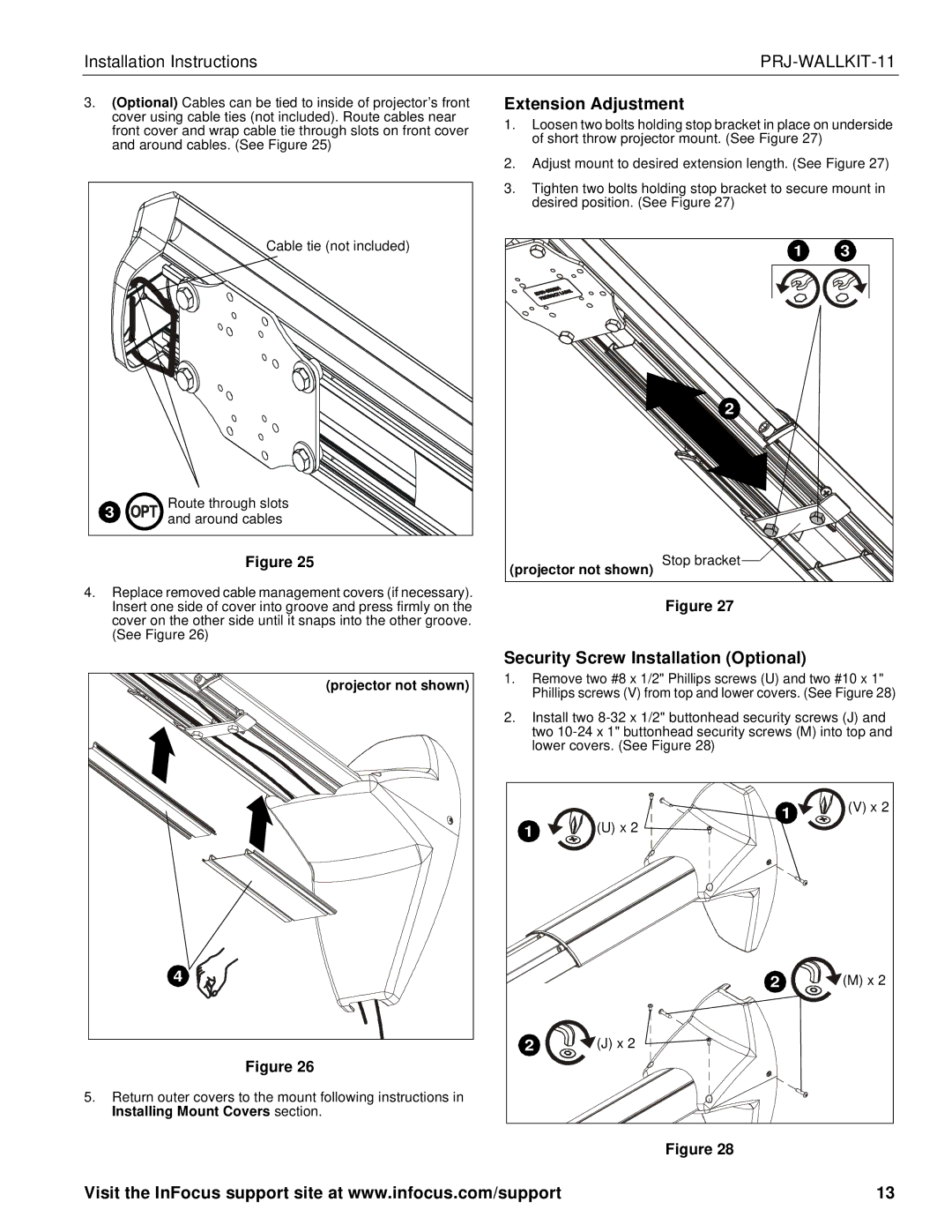 InFocus infocus single stud short throw wall mount manual Extension Adjustment, Security Screw Installation Optional 