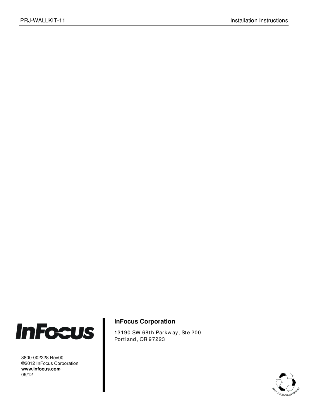 InFocus infocus single stud short throw wall mount manual InFocus Corporation 