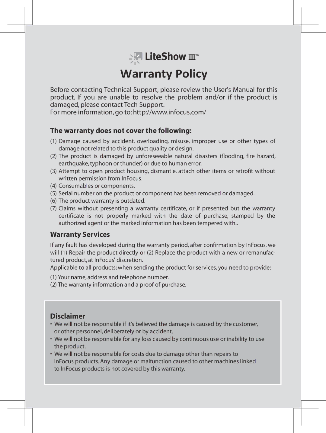 InFocus INLITESHOW3 manual Warranty Policy 