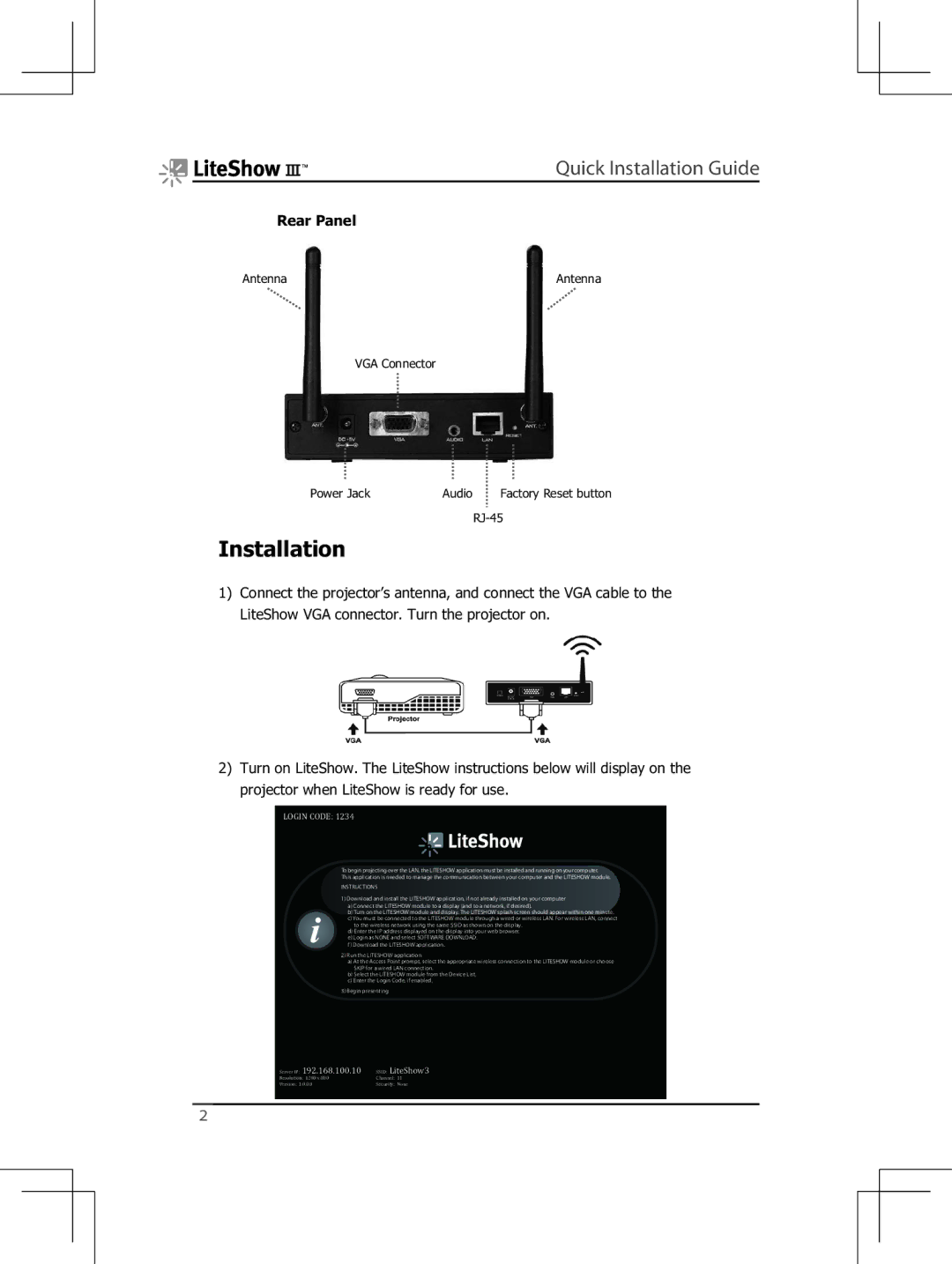 InFocus INLITESHOW3 manual Installation 