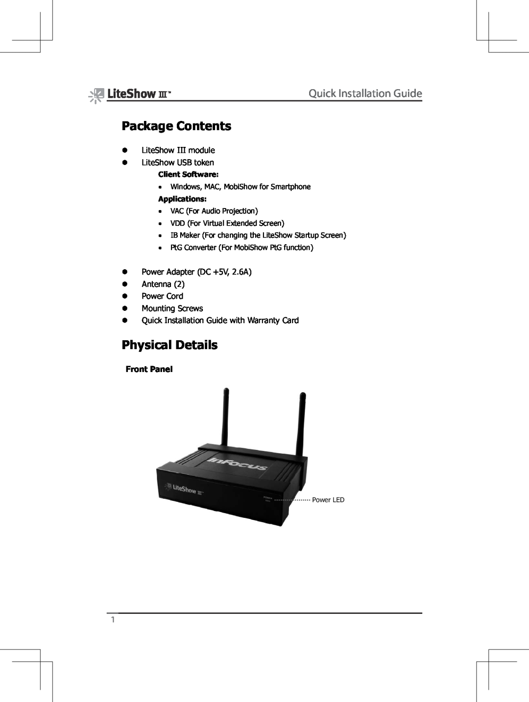 InFocus INLITESHOW3 Quick Installation Guide, Package Contents, Physical Details, Front Panel, Client Software, Power LED 