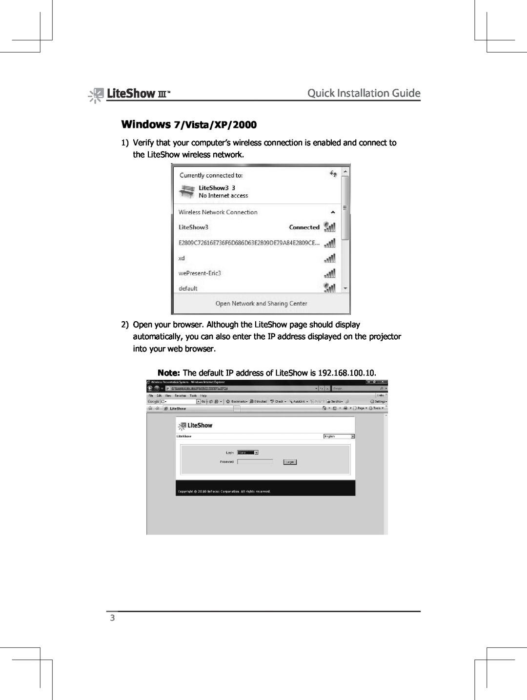 InFocus INLITESHOW3 manual Quick Installation Guide, Windows 7/Vista/XP/2000 