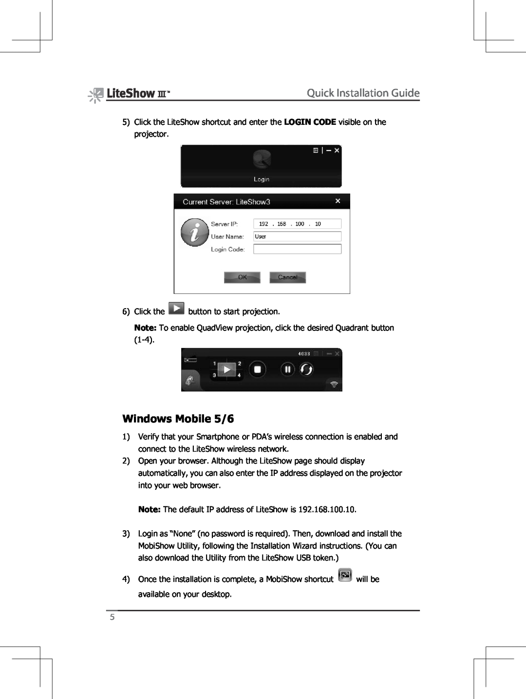 InFocus INLITESHOW3 manual Windows Mobile 5/6, Quick Installation Guide 