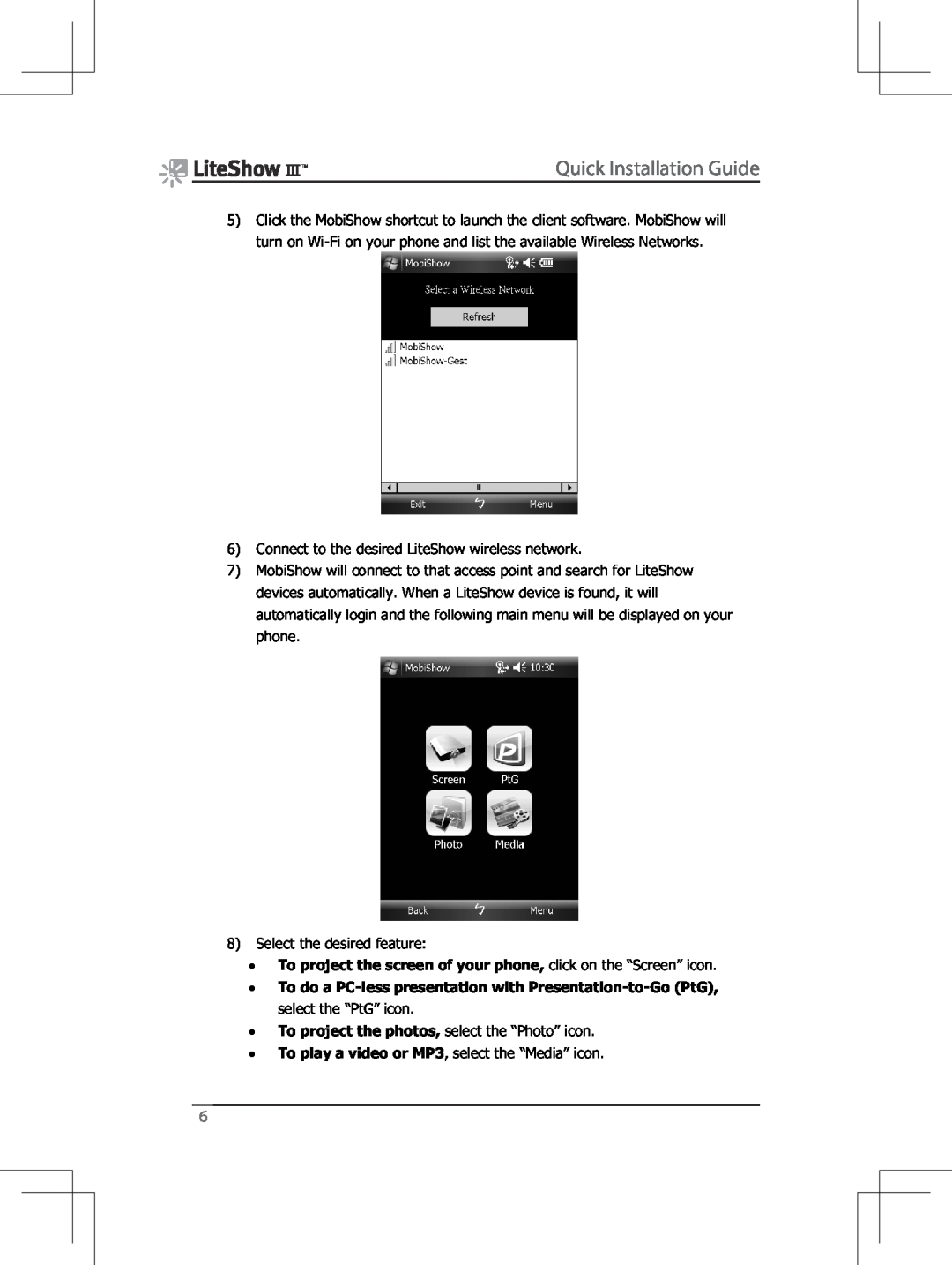 InFocus INLITESHOW3 manual Quick Installation Guide, To project the screen of your phone, click on the “Screen” icon 