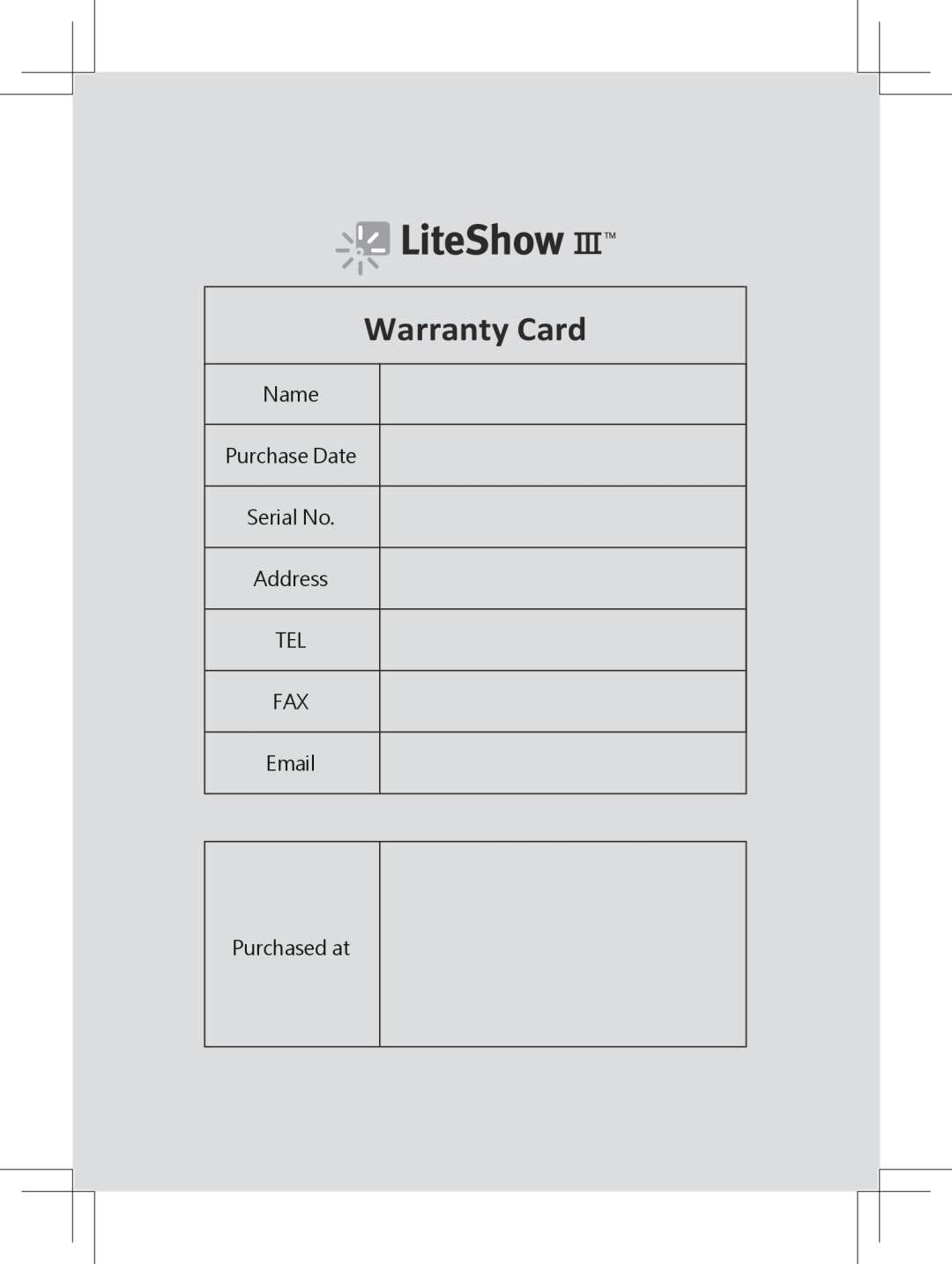 InFocus INLITESHOW3 manual Warranty Card, Name Purchase Date Serial No Address TEL FAX Email Purchased at 