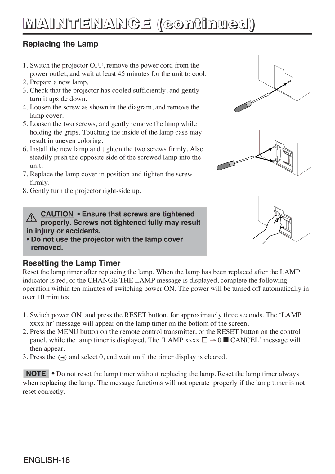 InFocus liquid crystal user manual Maintenance, Replacing the Lamp, Resetting the Lamp Timer 