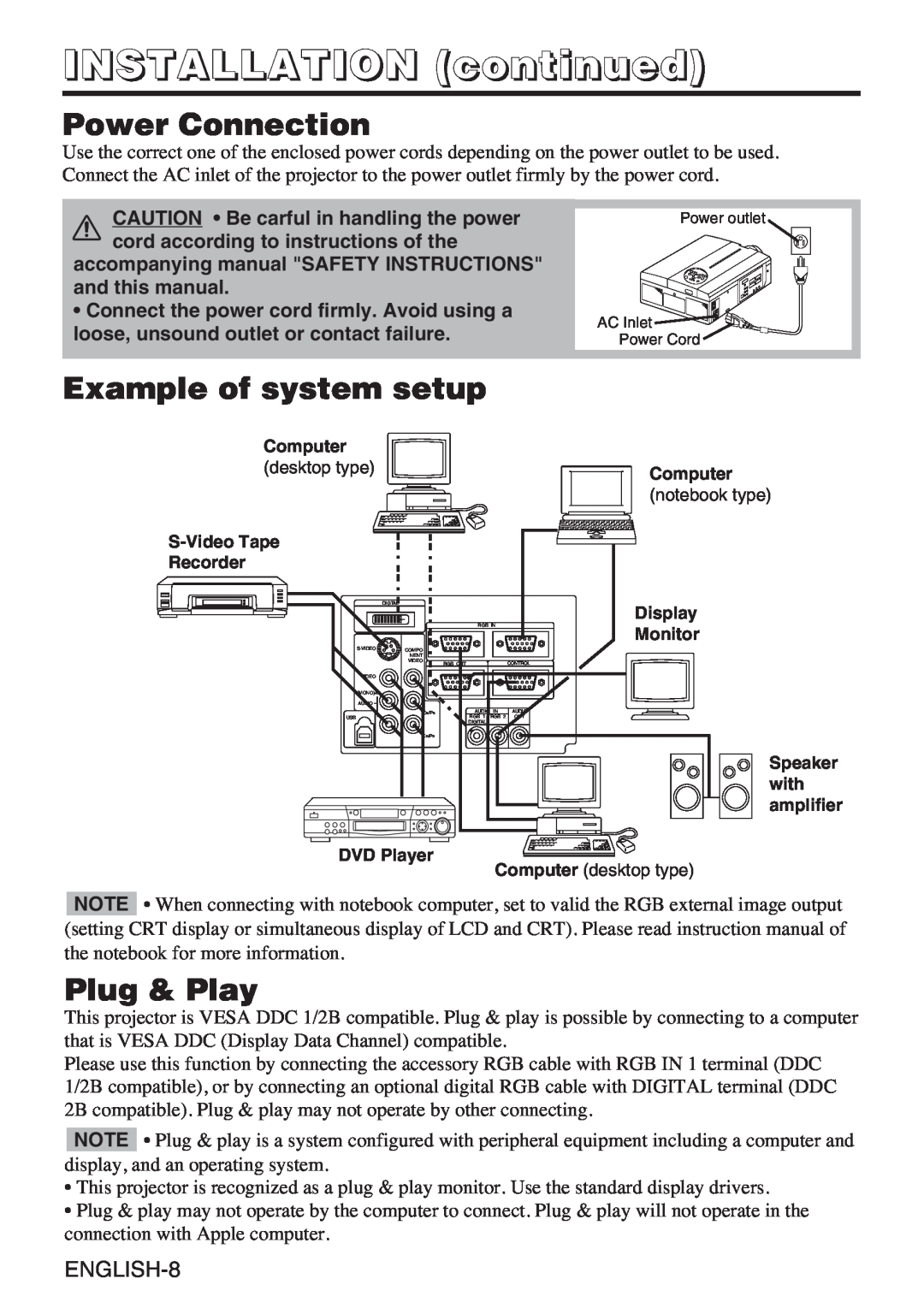 InFocus liquid crystal Power Connection, Example of system setup, Plug & Play, ENGLISH-8, INSTALLATION continued 
