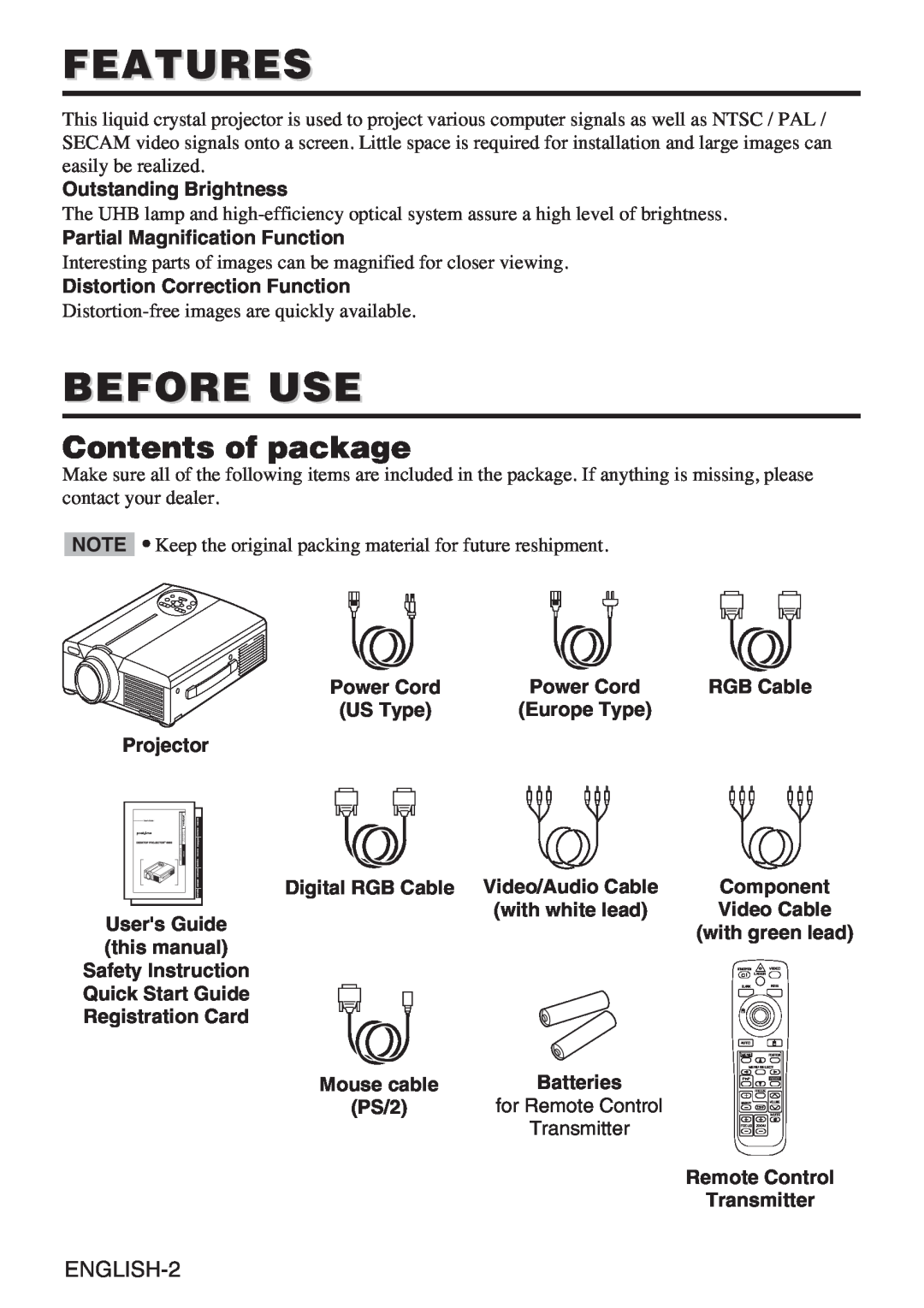 InFocus liquid crystal user manual Features, Before Use, Contents of package, ENGLISH-2 