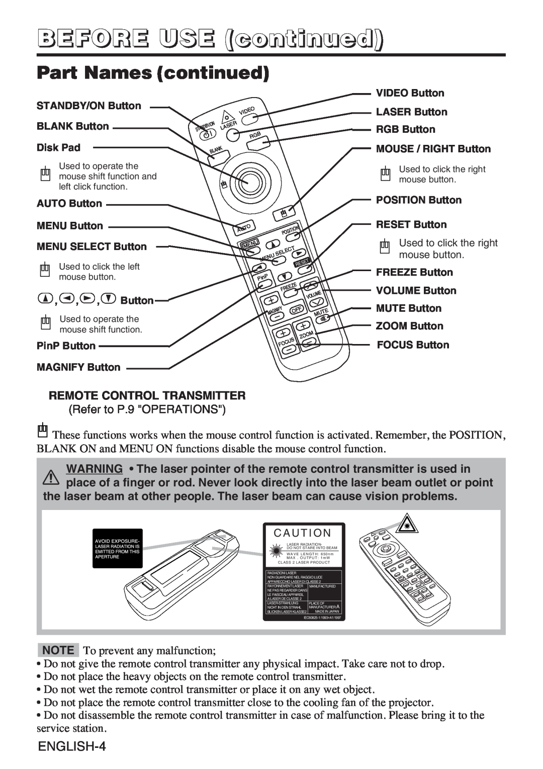 InFocus liquid crystal user manual Part Names continued, ENGLISH-4, BEFORE USE continued 