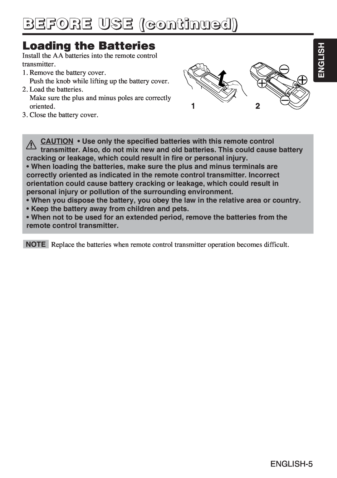 InFocus liquid crystal user manual Loading the Batteries, ENGLISH-5, BEFORE USE continued, English 