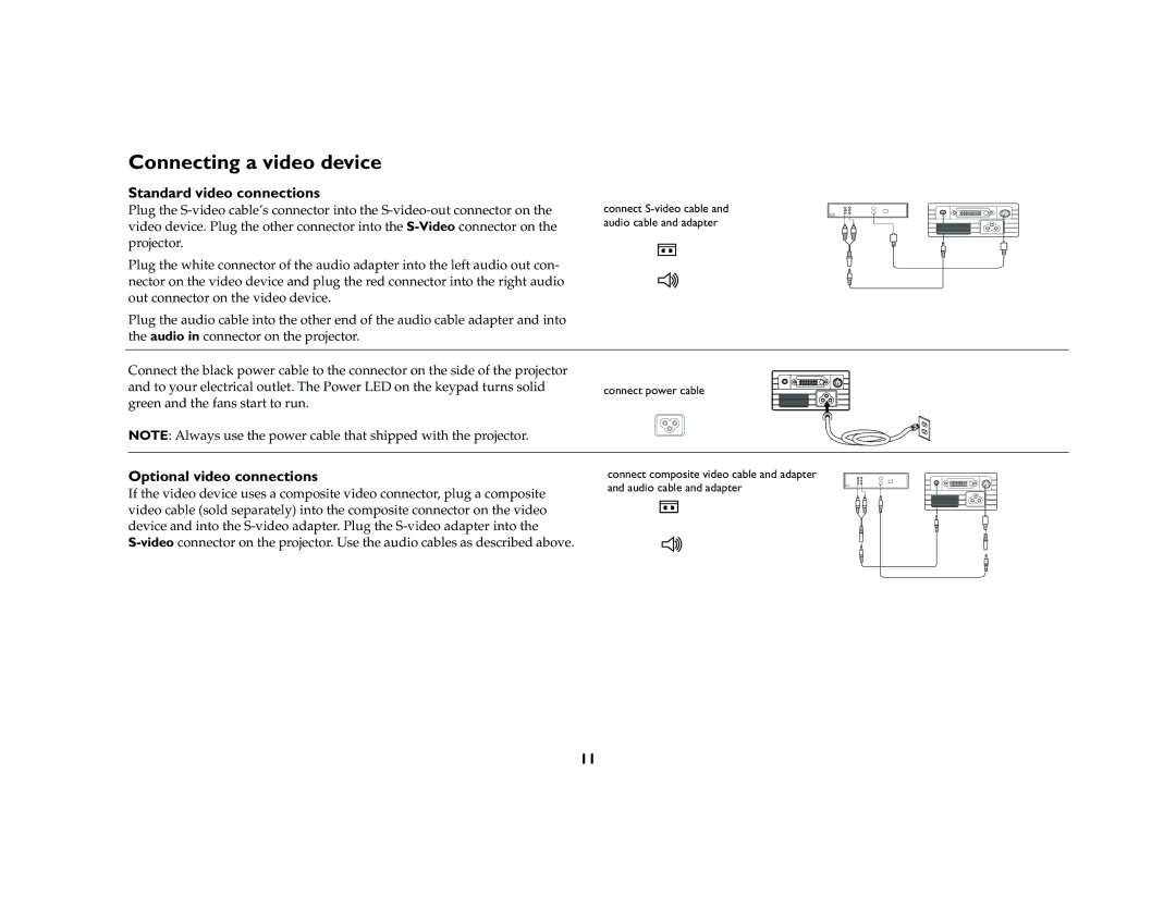 InFocus LP 120 manual Connecting a video device, Standard video connections, Optional video connections 