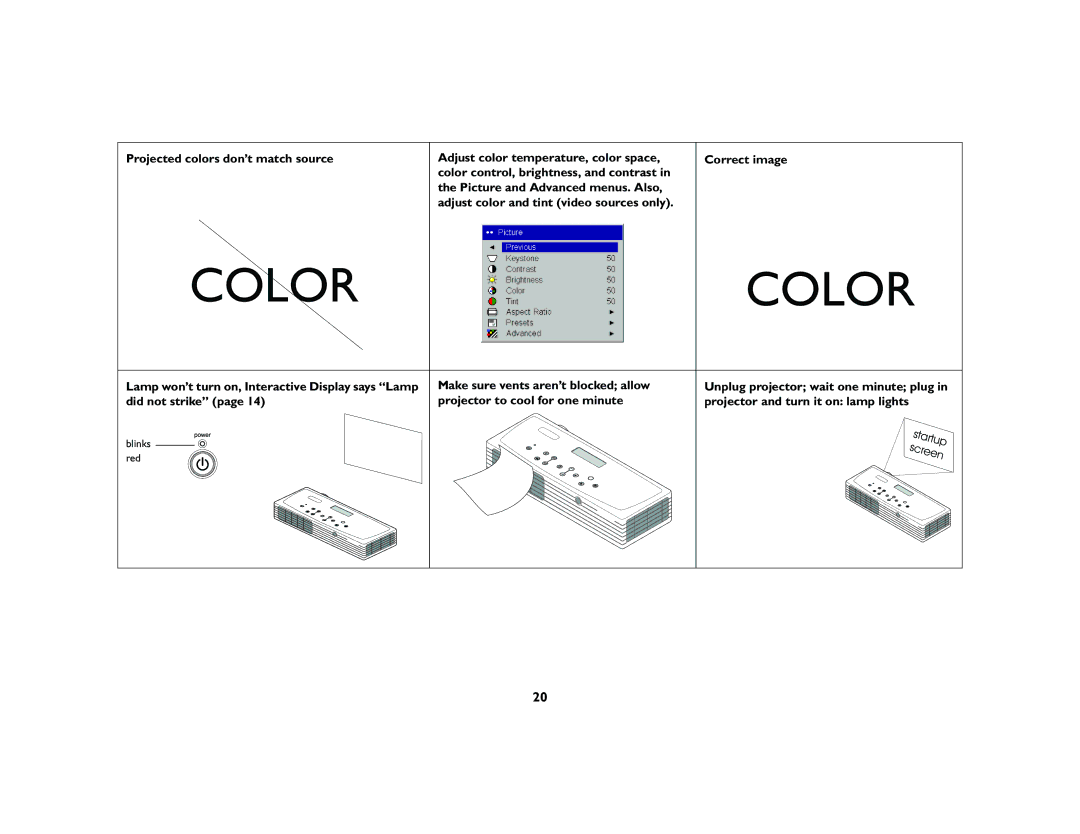 InFocus LP 120 manual Color, Projected colors don’t match source 