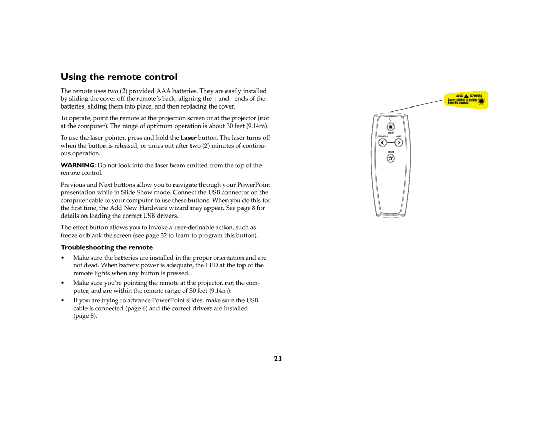 InFocus LP 120 manual Using the remote control, Troubleshooting the remote 