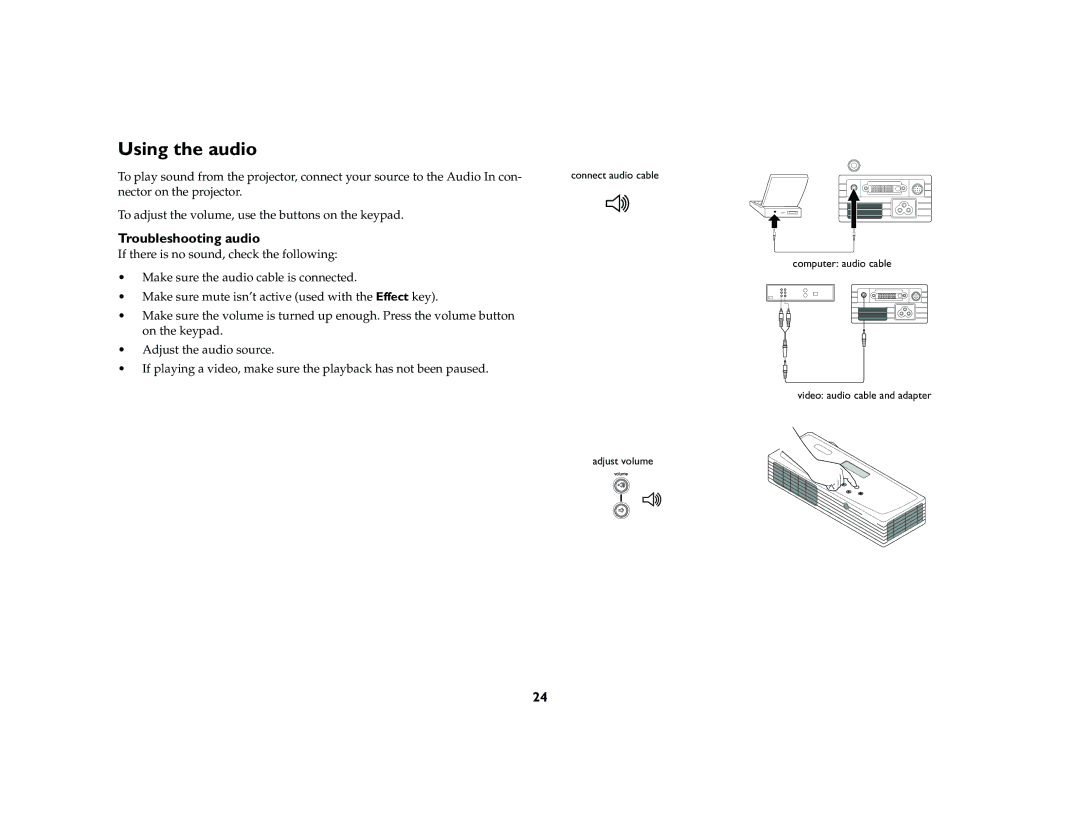 InFocus LP 120 manual Using the audio, Troubleshooting audio 