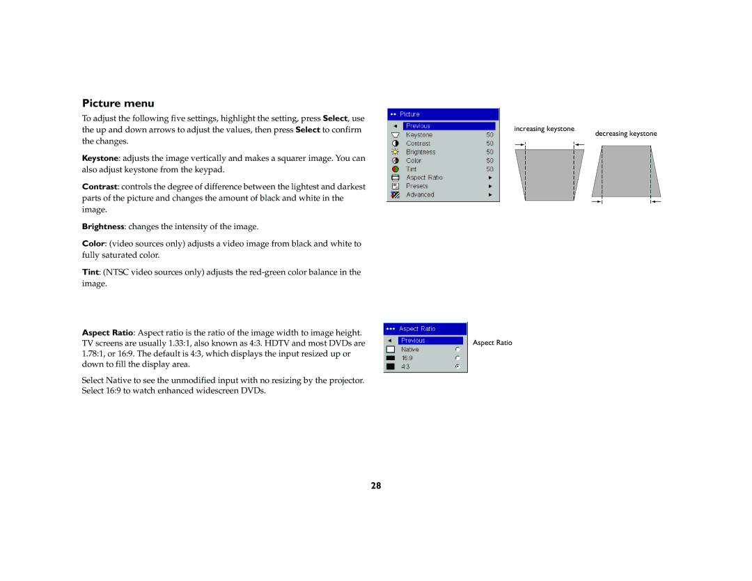 InFocus LP 120 manual Picture menu 