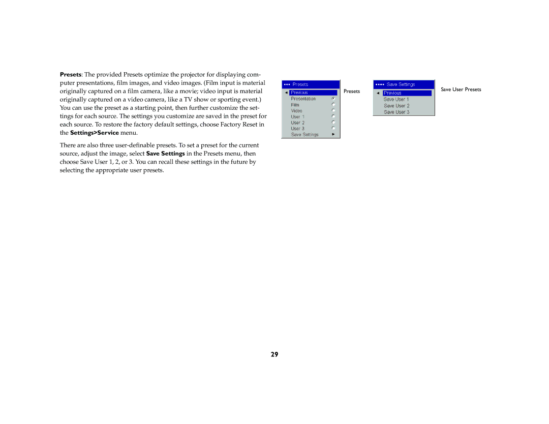 InFocus LP 120 manual SettingsService menu 